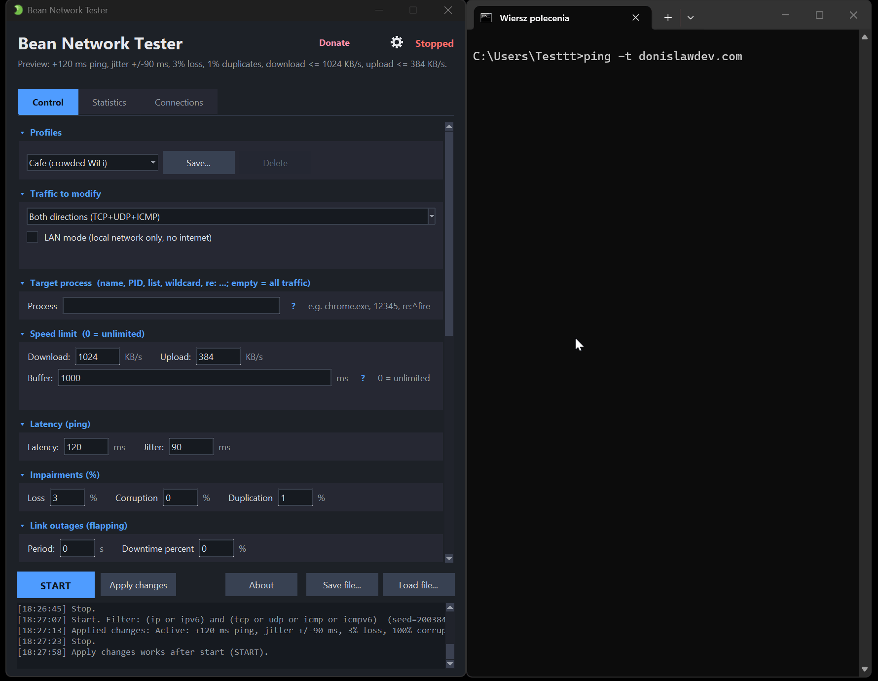 A live ping losing packets and gaining delay while the tool is running
